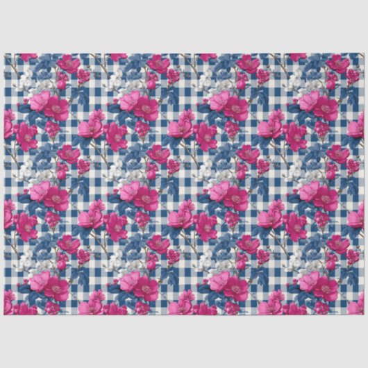 Rosa und blaue Blumen Schwarzer Gingham Dekoupage Seidenpapier (Vorderseite)