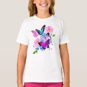 Rosa und blaue Blumen und Schmetterling T-Shirt (Vorderseite)