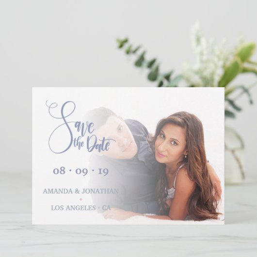 Rosa und blaue blumenreiche Hochzeit Das Foto Datu Save The Date (Stehend Vorderseite)