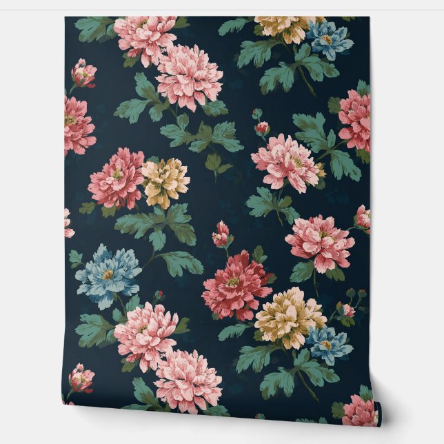 Rosa und blaue Blüte in Schwarz Tapete (Abrollen)