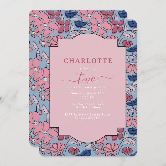 Rosa und blaue Blütenblöcke Print Girl Birthday Einladung (Vorne/Hinten)