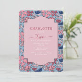 Rosa und blaue Blütenblöcke Print Girl Birthday Einladung (Stehend Vorderseite)