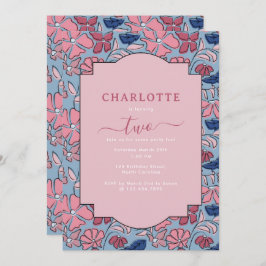 Rosa und blaue Blütenblöcke Print Girl Birthday Einladung