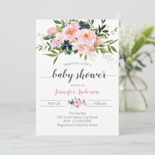 Rosa und blaue Blütendusche Einladung (Stehend Vorderseite)