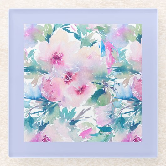 Rosa und blaue Blütenmuster Glasuntersetzer (Vorderseite)
