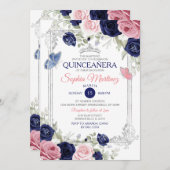 Rosa und blaue Blütenschmetterlinge Quinceañera Einladung (Vorne/Hinten)