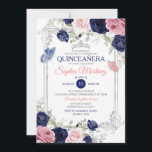 Rosa und blaue Blütenschmetterlinge Quinceañera Einladung<br><div class="desc">EDITABLE Pink and Navy Blue Floral Butterfly Quinceañera Einladung Elegant Silver Crown Girl 15 Anos Mis Quince,  Butterfly 16. Geburtstag Einladend Rosa und Navy Blue Mexikanische Prinzessin Mis XV Anos</div>