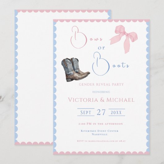 Rosa und blaue Bögen oder Stiefel Geschlechtsverke Einladung (Vorne/Hinten)