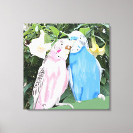 Rosa und blaue Budgien gegen Engel Trumpets Leinwanddruck