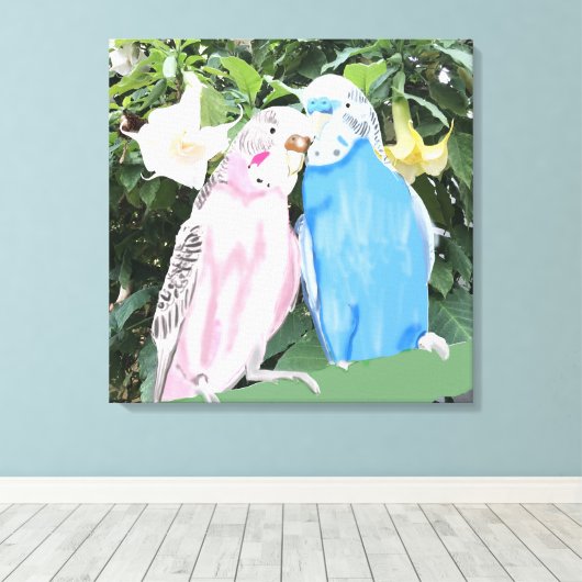 Rosa und blaue Budgien gegen Engel Trumpets Leinwanddruck (Insitu (Holzboden))