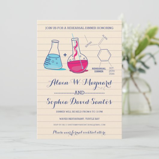 Rosa und blaue Chemie Probe Dinner lädt ein Einladung (Stehend Vorderseite)