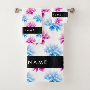 Rosa und blaue Dahlie, Blumenmuster, Ihr Name Badhandtuch Set