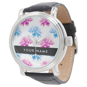 Rosa und blaue Dahlien, Blumenmuster, Ihr Name Armbanduhr