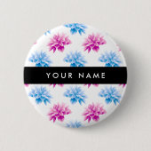 Rosa und blaue Dahlien, Blumenmuster, Ihr Name Button (Vorderseite)