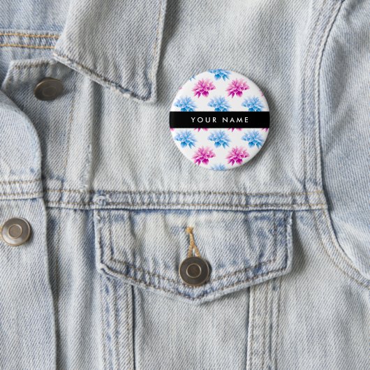 Rosa und blaue Dahlien, Blumenmuster, Ihr Name Button (Beispiel)