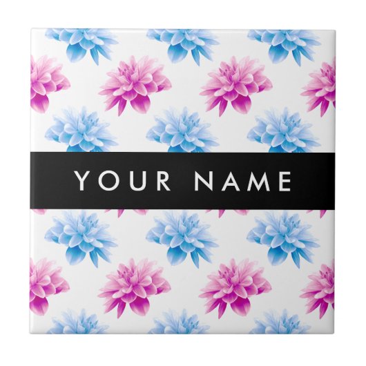 Rosa und blaue Dahlien, Blumenmuster, Ihr Name Fliese (Vorderseite)
