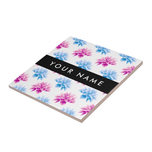 Rosa und blaue Dahlien, Blumenmuster, Ihr Name Fliese (Seite)
