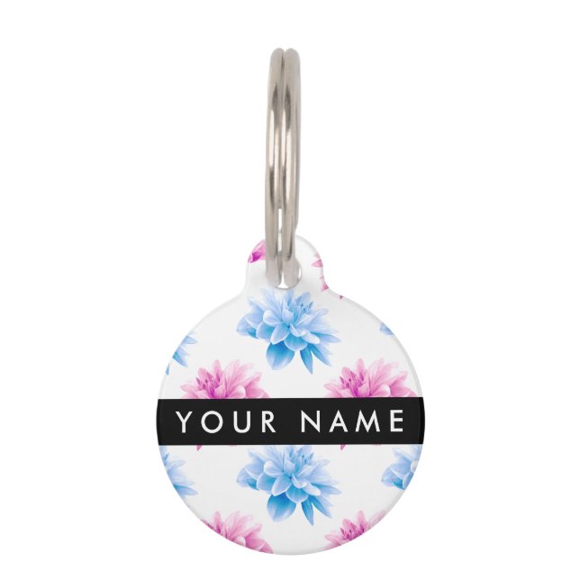 Rosa und blaue Dahlien, Blumenmuster, Ihr Name Haustiermarke (Vorderseite)