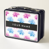 Rosa und blaue Dahlien, Blumenmuster, Ihr Name Metall Brotdose (Rückseite)