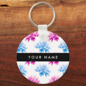Rosa und blaue Dahlien, Blumenmuster, Ihr Name Schlüsselanhänger (Vorderseite)