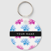 Rosa und blaue Dahlien, Blumenmuster, Ihr Name Schlüsselanhänger (Rückseite)