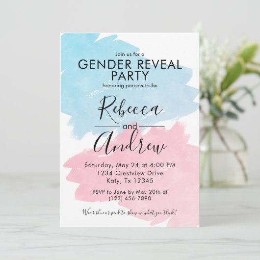 Rosa und blaue Farbspritze Geschlecht zeigen Baby- Einladung (Stehend Vorderseite)