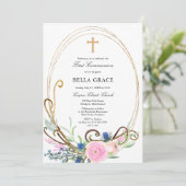 Rosa und blaue Flora Erste Heilige Kommune Einladung (Stehend Vorderseite)