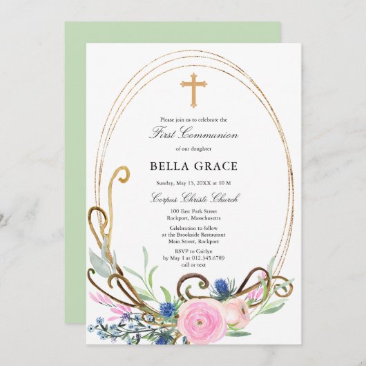 Rosa und blaue Flora Erste Heilige Kommune Einladung (Vorne/Hinten)