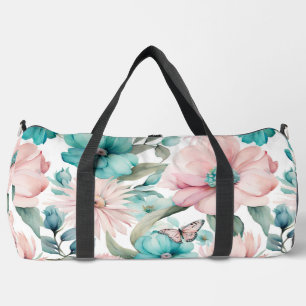 Rosa und blaue Flora mit Schmetterling Duffle Bag