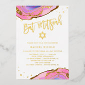 Rosa und blaue Geode mit Gold | Bat Mitzvah Folieneinladung (Vorderseite)