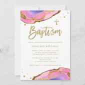 Rosa und blaue Geode mit Gold Cross | Taufe Einladung (Vorderseite)