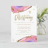 Rosa und blaue Geode mit Gold Cross| Weihnachten Einladung (Stehend Vorderseite)