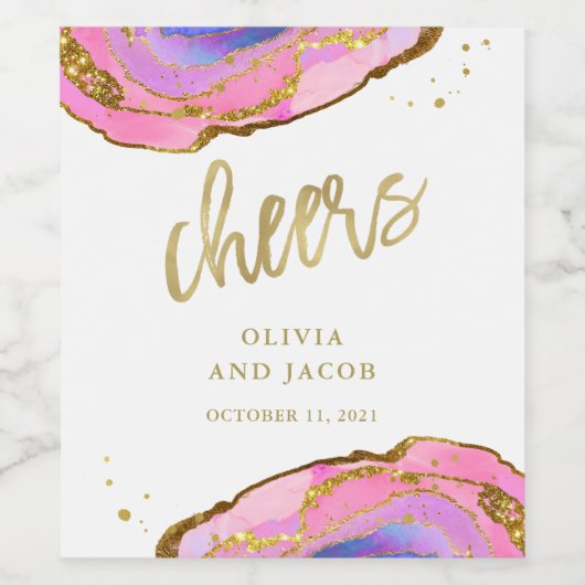 Rosa und blaue Geode mit Gold | Hochzeitsjubeln Weinetikett (Einzelnes Label)