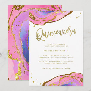 Rosa und blaue Geode mit Gold   Quinceanera Einladung