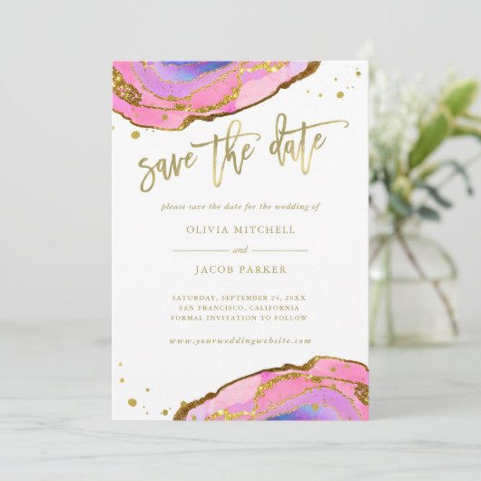 Rosa und blaue Geode und Gold | SAVE THE DATE (Stehend Vorderseite)