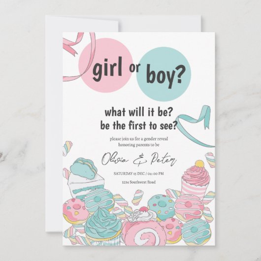 Rosa und blaue Geschlechtsreife, Junge oder Mädche Einladung (Vorderseite)