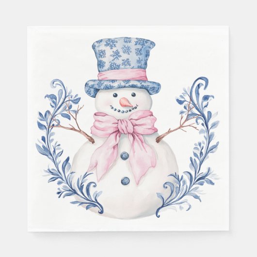 Rosa und blaue Grandmillennialer Schneemann Serviette (Vorderseite)