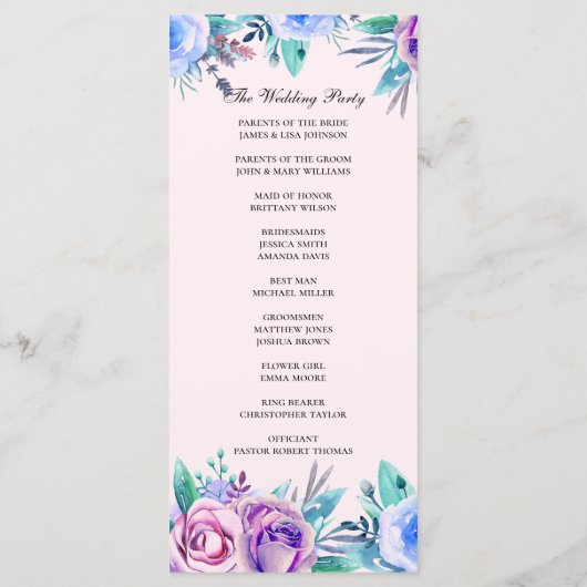 Rosa und blaue Hochzeit mit Blumen. Blume Programm (Rückseite)