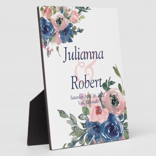 Rosa und blaue Hochzeitsfeier mit Blumen Fotoplatte (Seite)