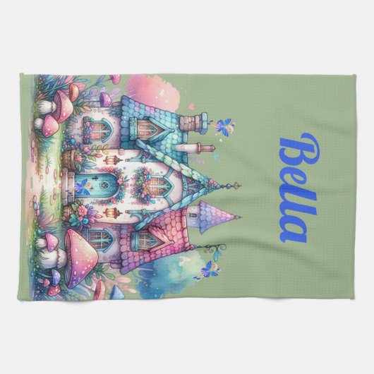 Rosa und blaue Hütte-Core-Monogramm auf Grün | Geschirrtuch (Horizontal)