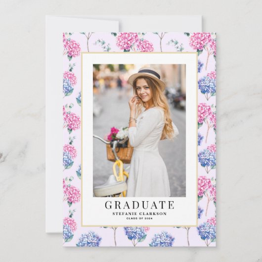 Rosa und blaue Hydrangeas Abschluss Foto Einladung (Vorderseite)