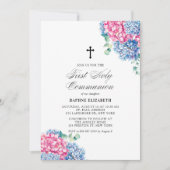 Rosa und blaue Hydrangeas Erste Heilige Kommune Einladung (Vorderseite)