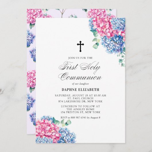 Rosa und blaue Hydrangeas Erste Heilige Kommune Einladung (Vorne/Hinten)