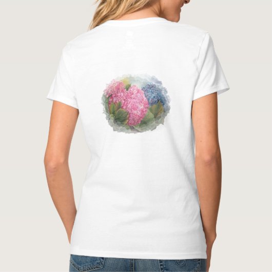 Rosa und blaue Hydrangeas T-Shirt (Rückseite)