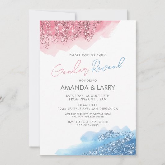 Rosa und blaue Imitate Glitzer Geschlechtsverkehr Einladung (Vorderseite)