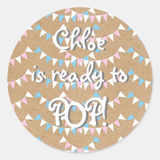 Rosa und blaue Jagd Bereit zum POP! Babyparty Runder Aufkleber (Vorderseite)