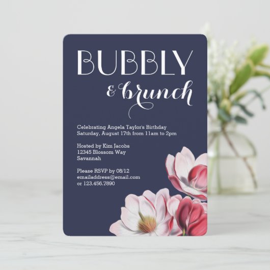 Rosa und blaue Magnolia Brunch Einladung (Stehend Vorderseite)