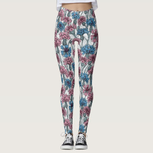 Rosa und blaue Maisblumen, weiße Blume Leggings