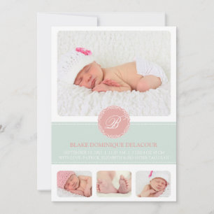 Rosa und blaue Monogram Baby Foto Collage Birth Ankündigung