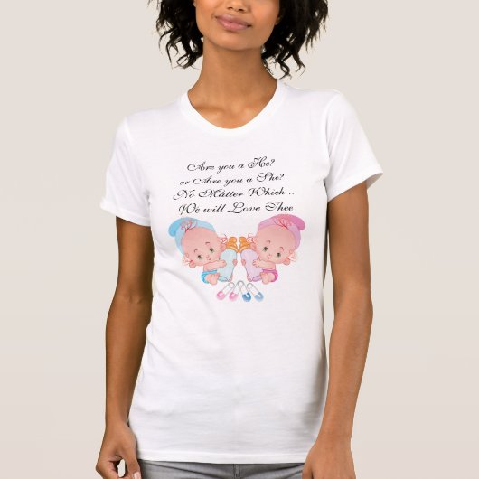 Rosa und blaue Niedliche Babys erwarten T - Shirt (Vorderseite)